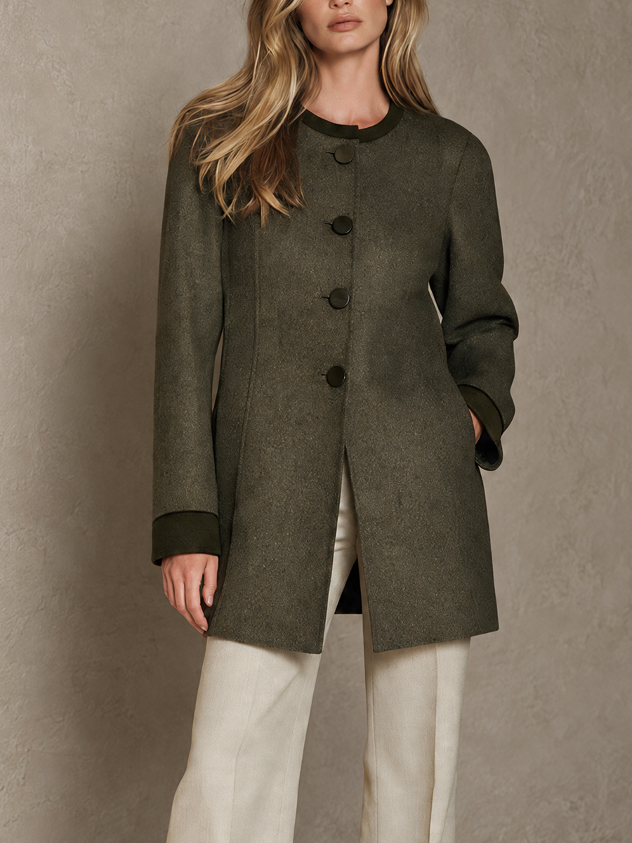 Women’s Crew-Neck Wool-Blend Coat With Contrast Trim