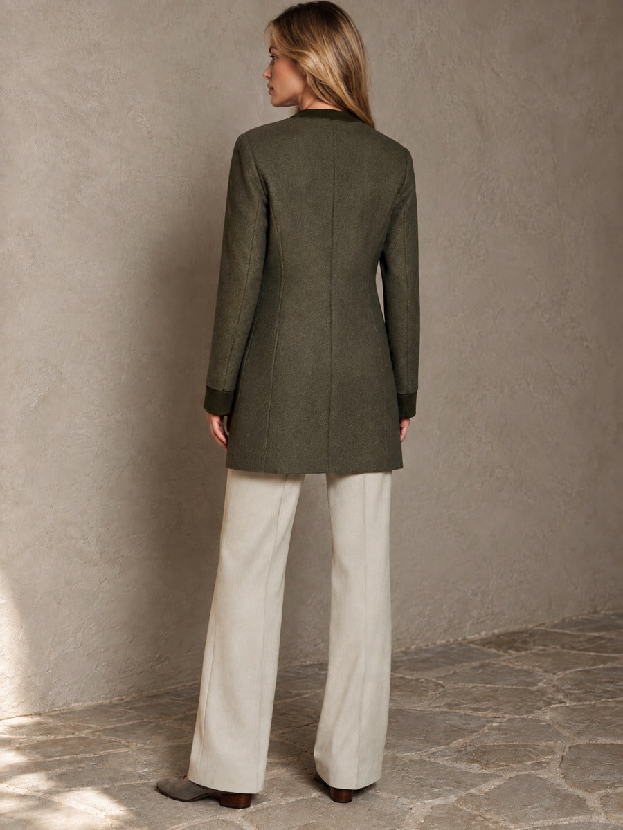 Women’s Crew-Neck Wool-Blend Coat With Contrast Trim