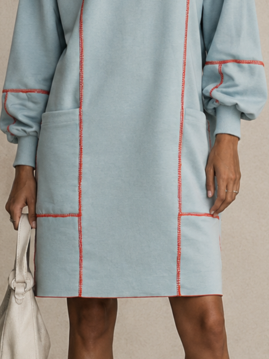 Women's Contrast Stitch Casual Crewneck Balloon Sleeve Mini Dress