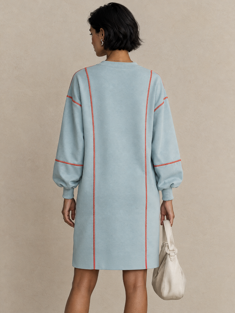 Women's Contrast Stitch Casual Crewneck Balloon Sleeve Mini Dress