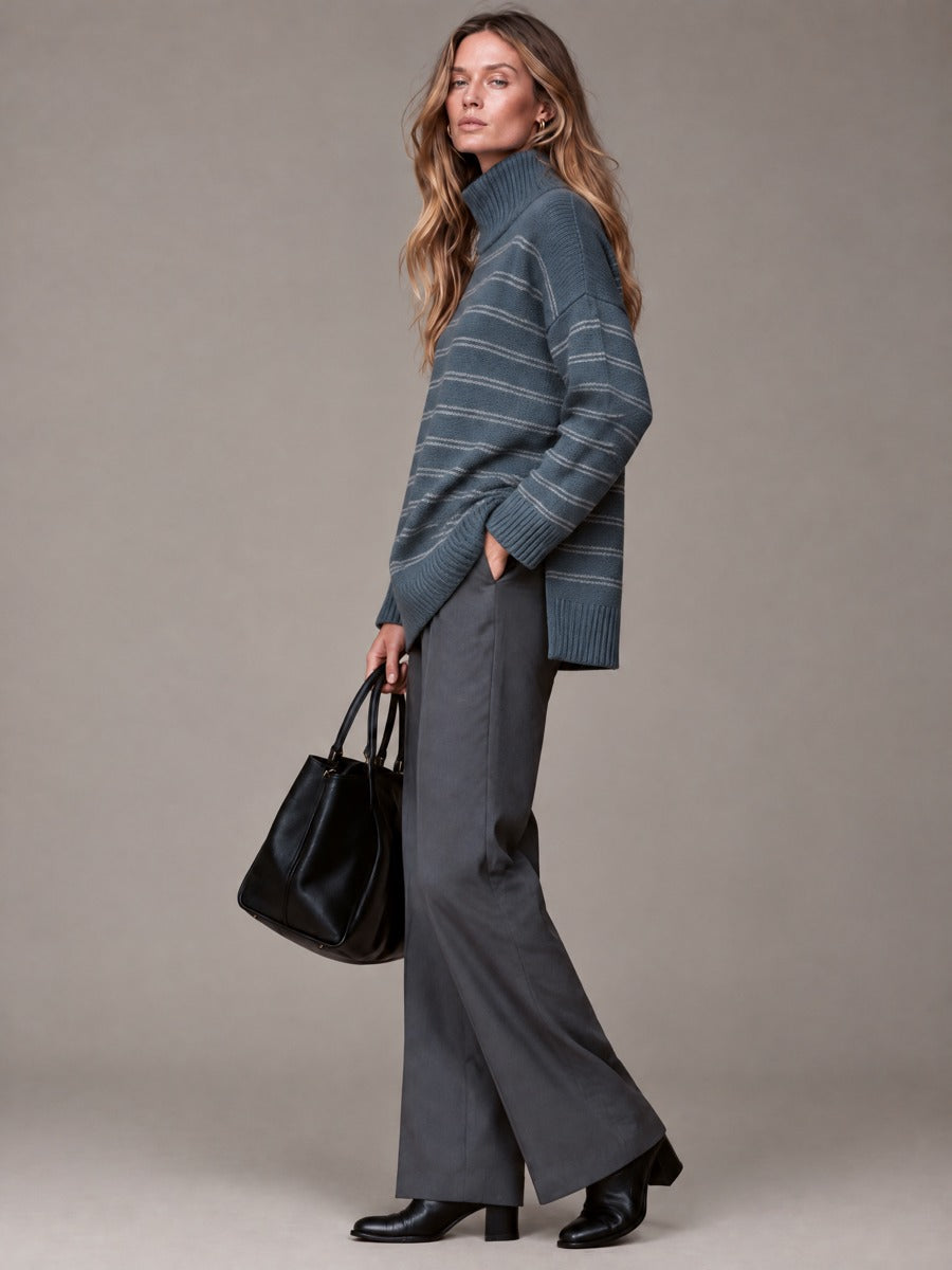 Women’s High-Neck Striped Loose-Fit Knit Top