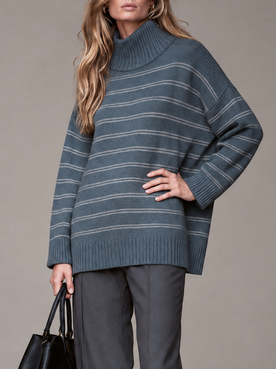 Women’s High-Neck Striped Loose-Fit Knit Top