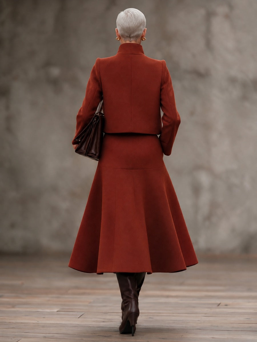 Women's Woolen Two-Piece Set Cropped Stand Collar Zip Jacket And Flared Midi Skirt