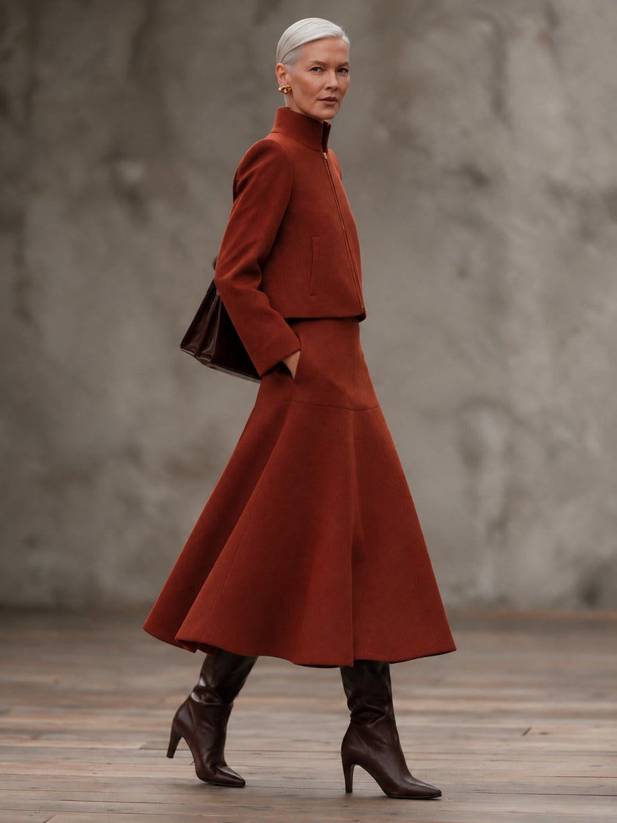 Women's Woolen Two-Piece Set Cropped Stand Collar Zip Jacket And Flared Midi Skirt