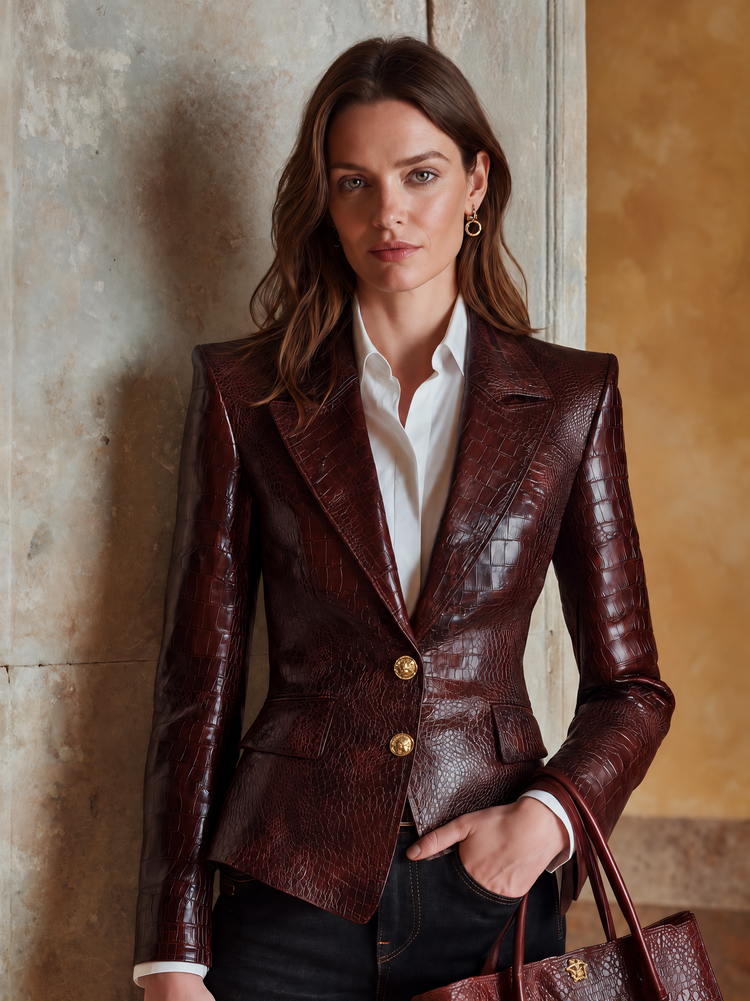 Women’s Croc-Embossed Leather Blazer With Cinched Waist