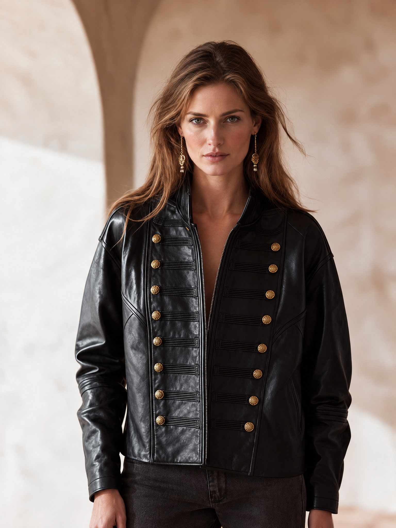 Women’s Stand-Collar Vintage-Style Leather Jacket With Double-Breasted Metallic Buttons
