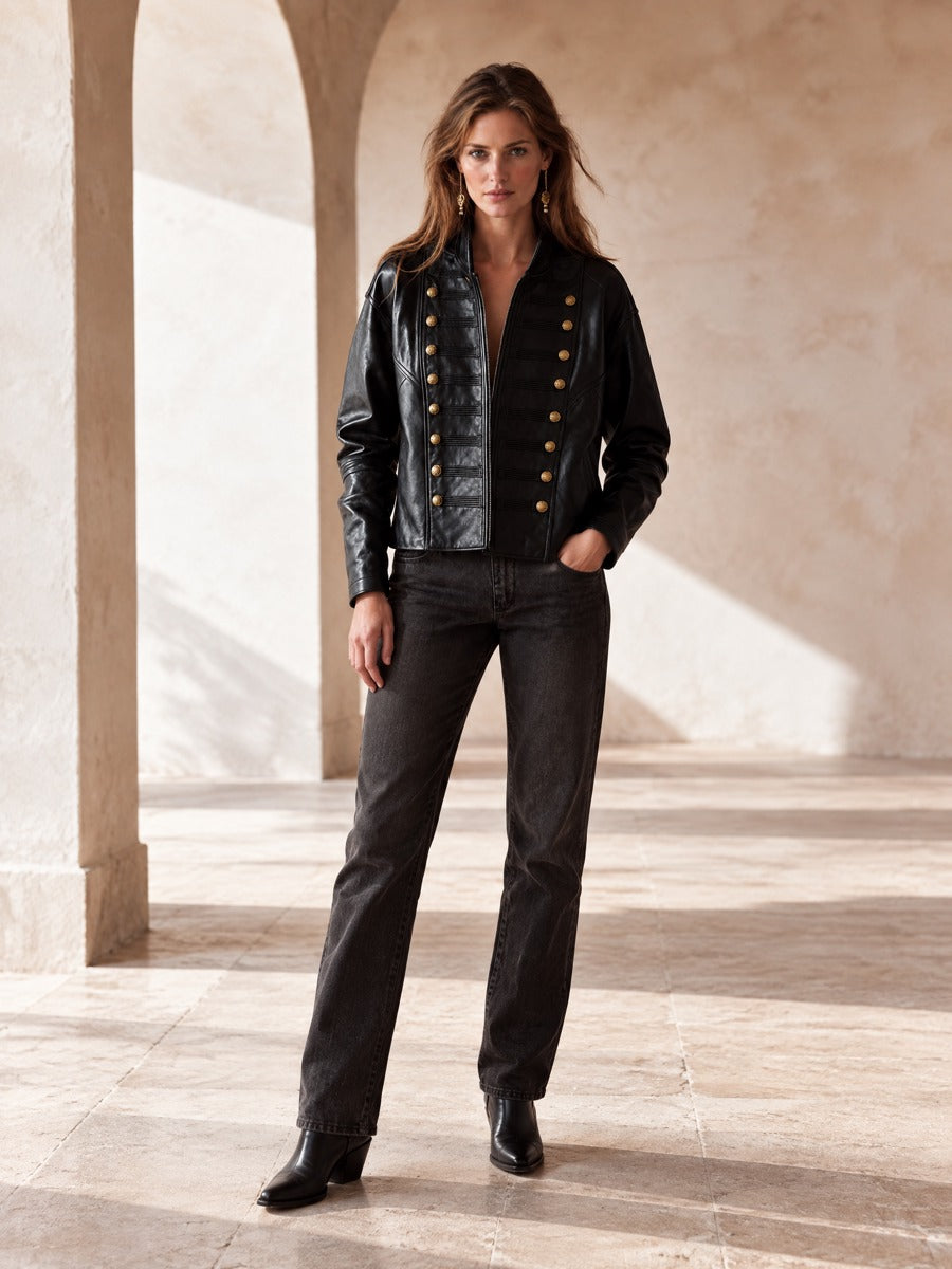 Women’s Stand-Collar Vintage-Style Leather Jacket With Double-Breasted Metallic Buttons