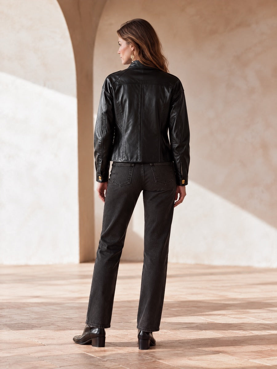 Women’s Stand-Collar Vintage-Style Leather Jacket With Double-Breasted Metallic Buttons
