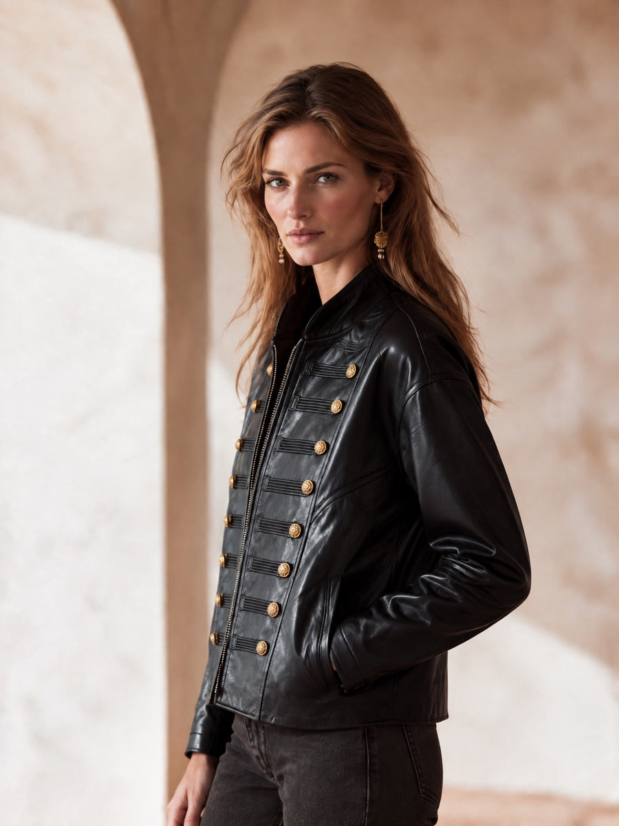 Women’s Stand-Collar Vintage-Style Leather Jacket With Double-Breasted Metallic Buttons