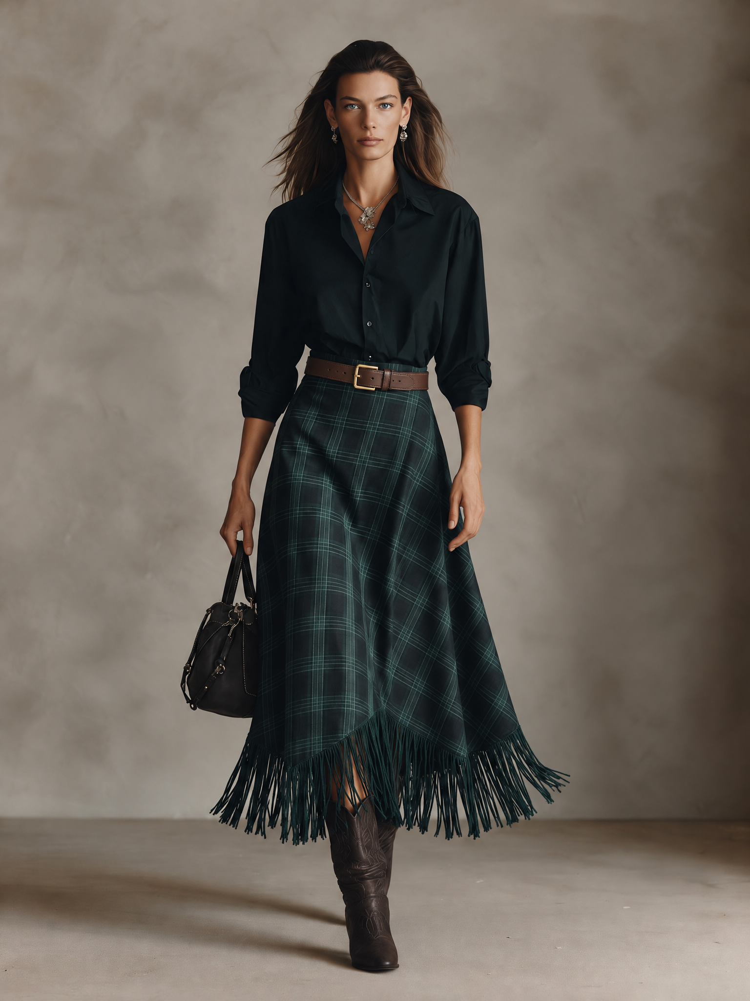 Women’s Long-Sleeve Shirt And Plaid Fringed Skirt Two-Piece Set