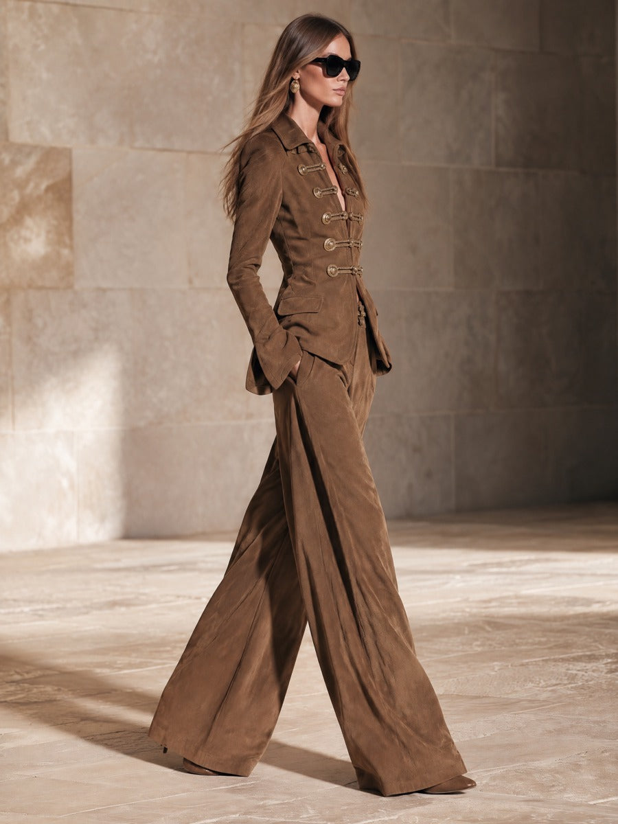 Women's Military Button Office Blazer Jacket Brown