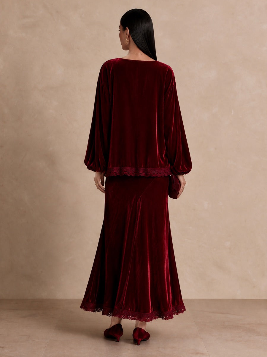 Women's Lace Trim Elegant Balloon Sleeve Top And Maxi Skirt Set