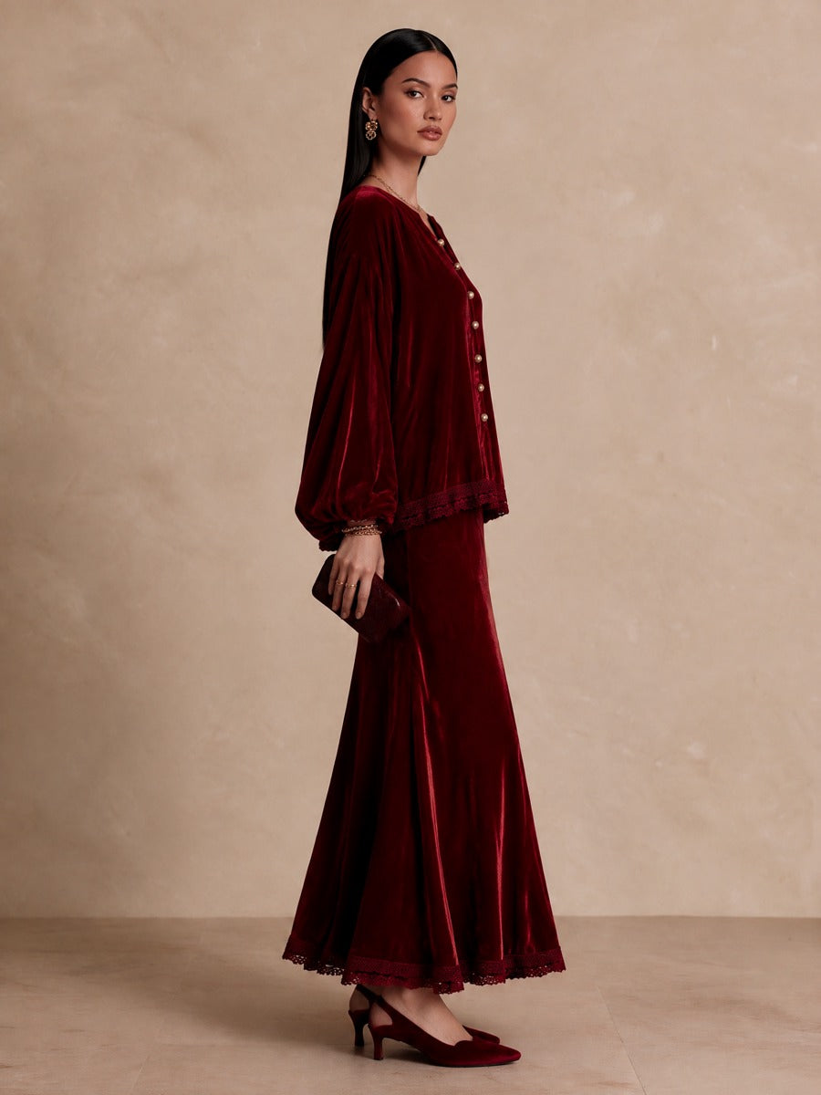 Women's Lace Trim Elegant Balloon Sleeve Top And Maxi Skirt Set