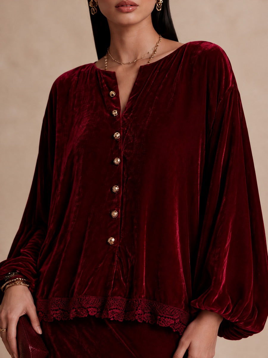 Women's Lace Trim Elegant Balloon Sleeve Top And Maxi Skirt Set