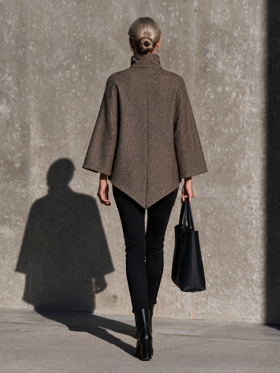 Women's Taupe Brown Funnel Neck Button Front Cape Coat with Pointed Hem