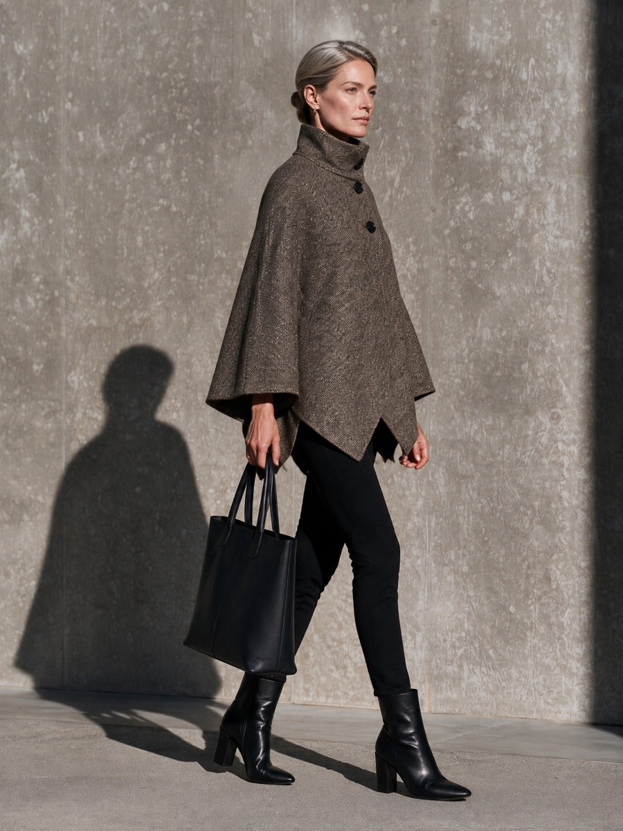 Women's Taupe Brown Funnel Neck Button Front Cape Coat with Pointed Hem