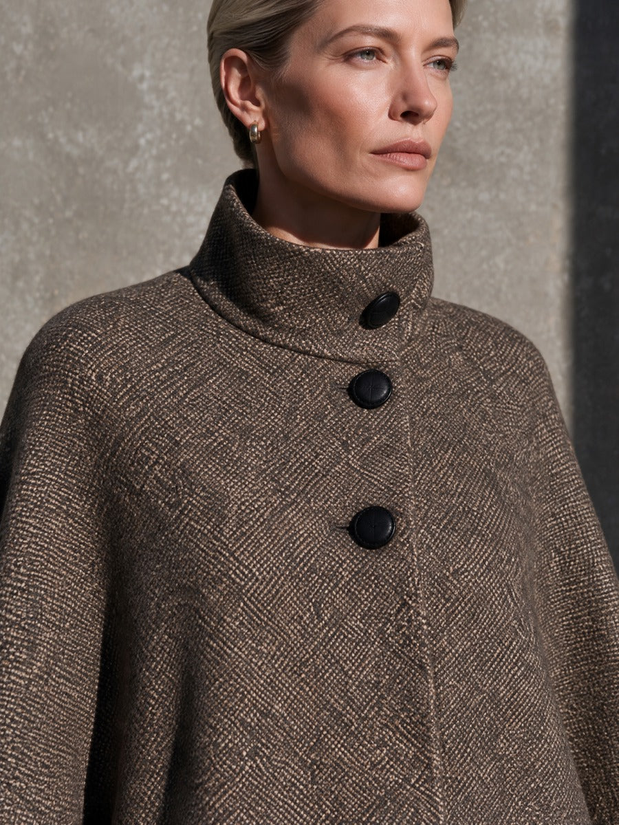 Women's Taupe Brown Funnel Neck Button Front Cape Coat with Pointed Hem