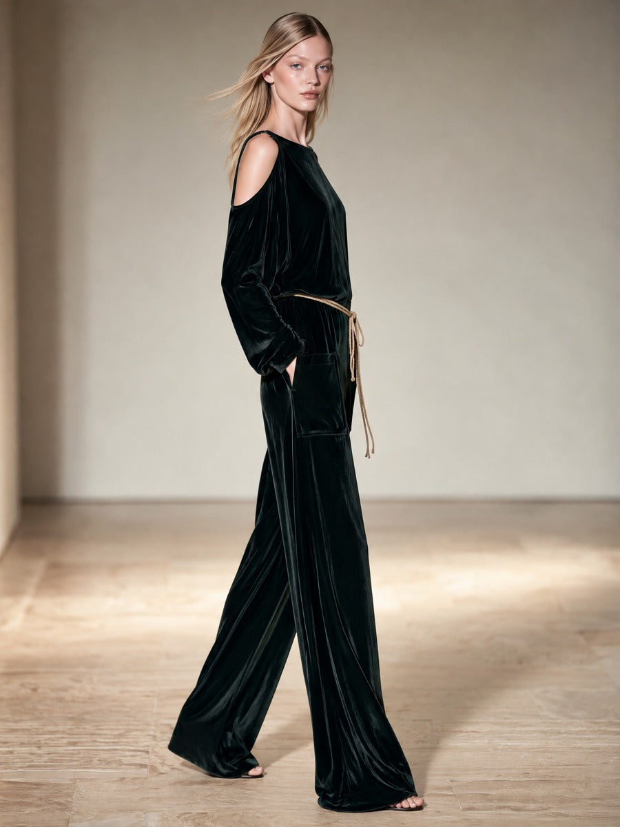 Women's Dark Green Velvet Cold Shoulder Jumpsuit