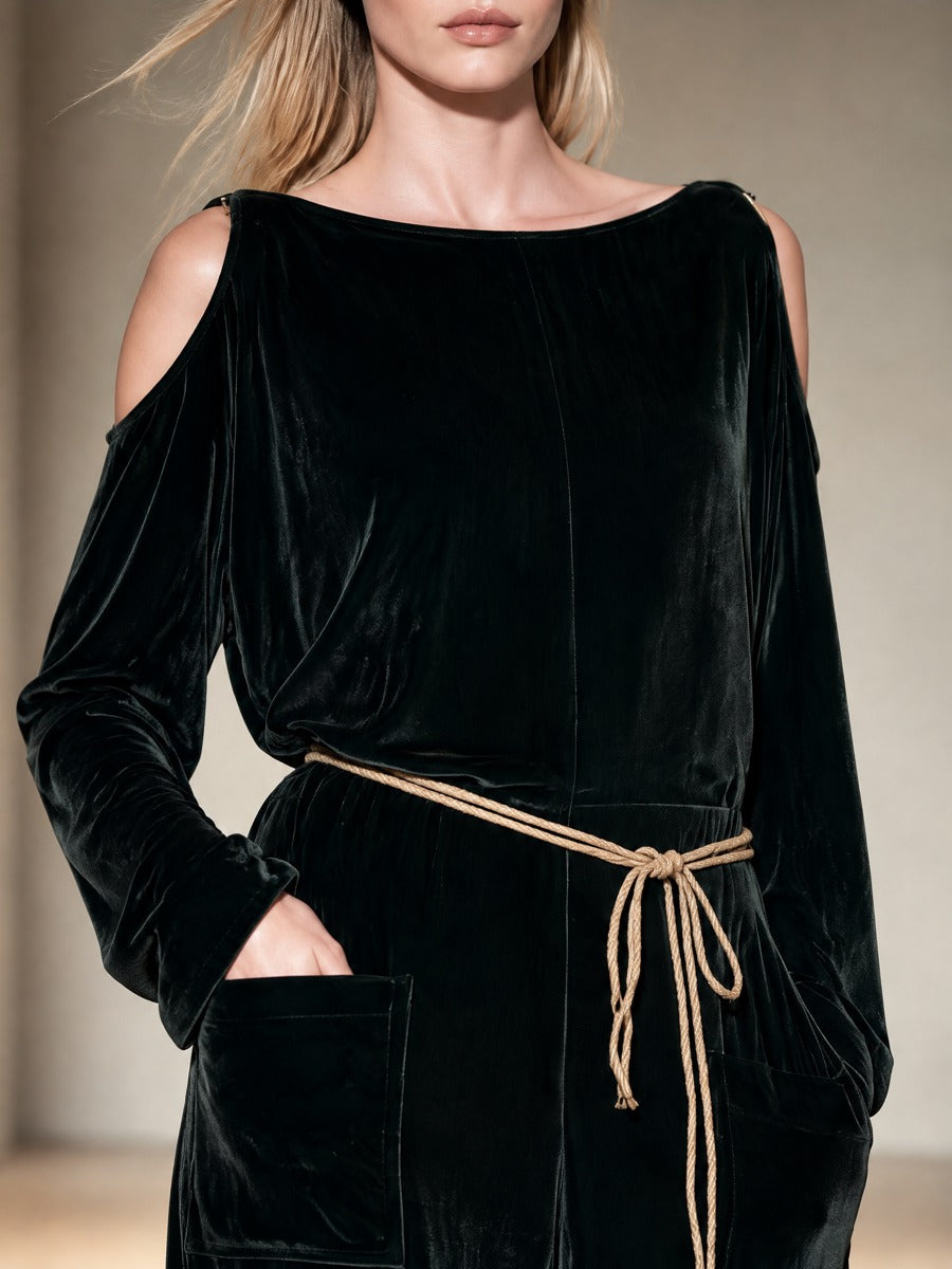 Women's Dark Green Velvet Cold Shoulder Jumpsuit