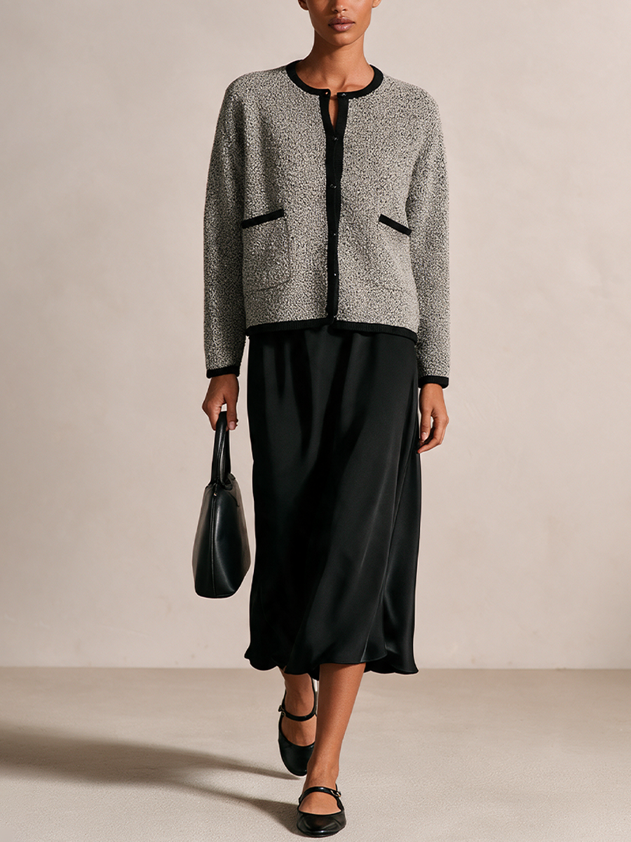 Women's Contrast Trim Crewneck Knit Cardigan And Satin Skirt Set