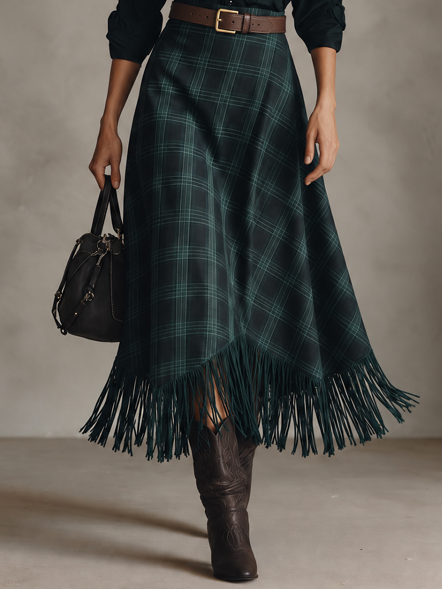Women’s Long-Sleeve Shirt And Plaid Fringed Skirt Two-Piece Set