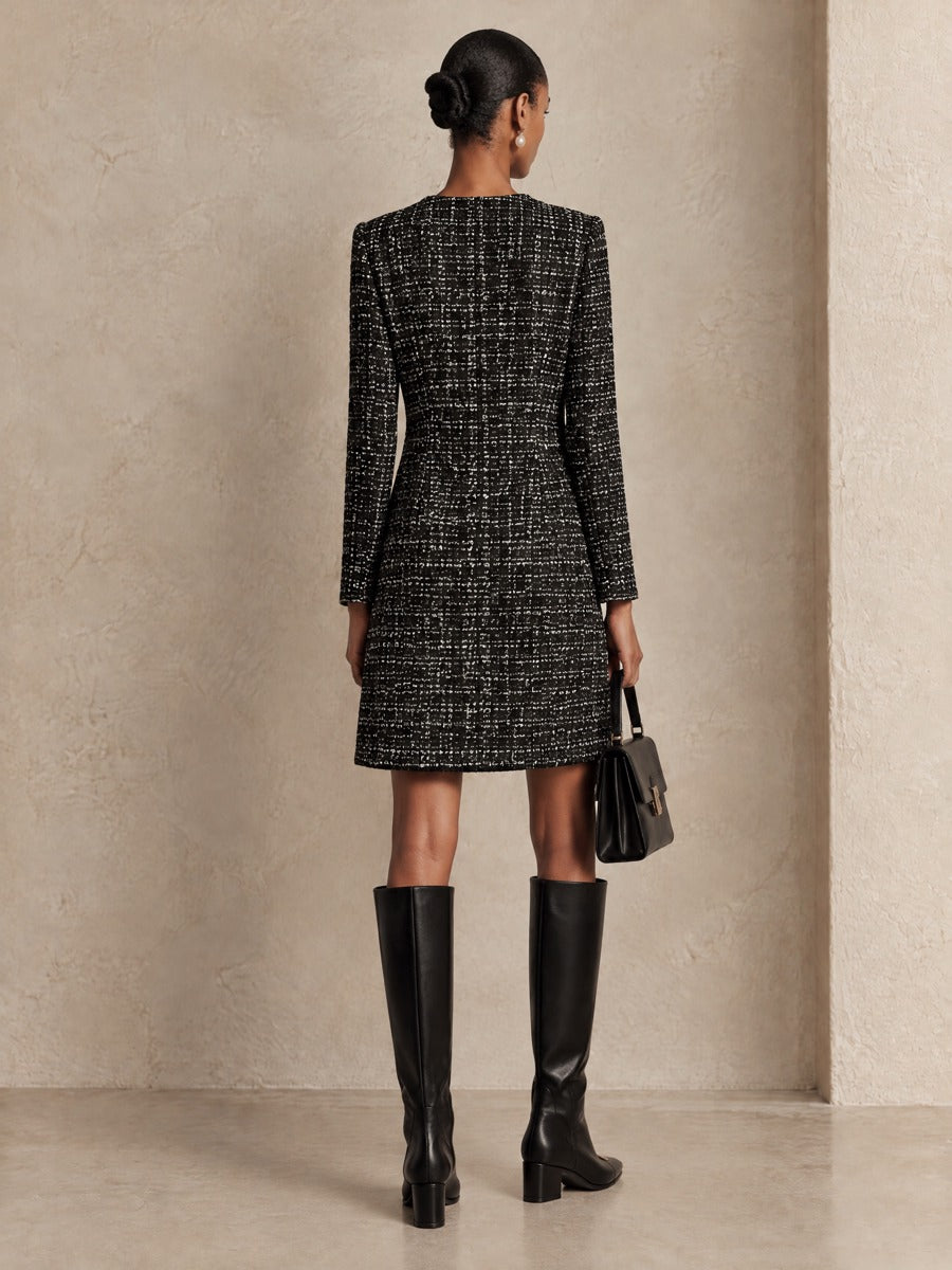 Women's Pearl Button Casual Tweed A-Line Mini Dress
