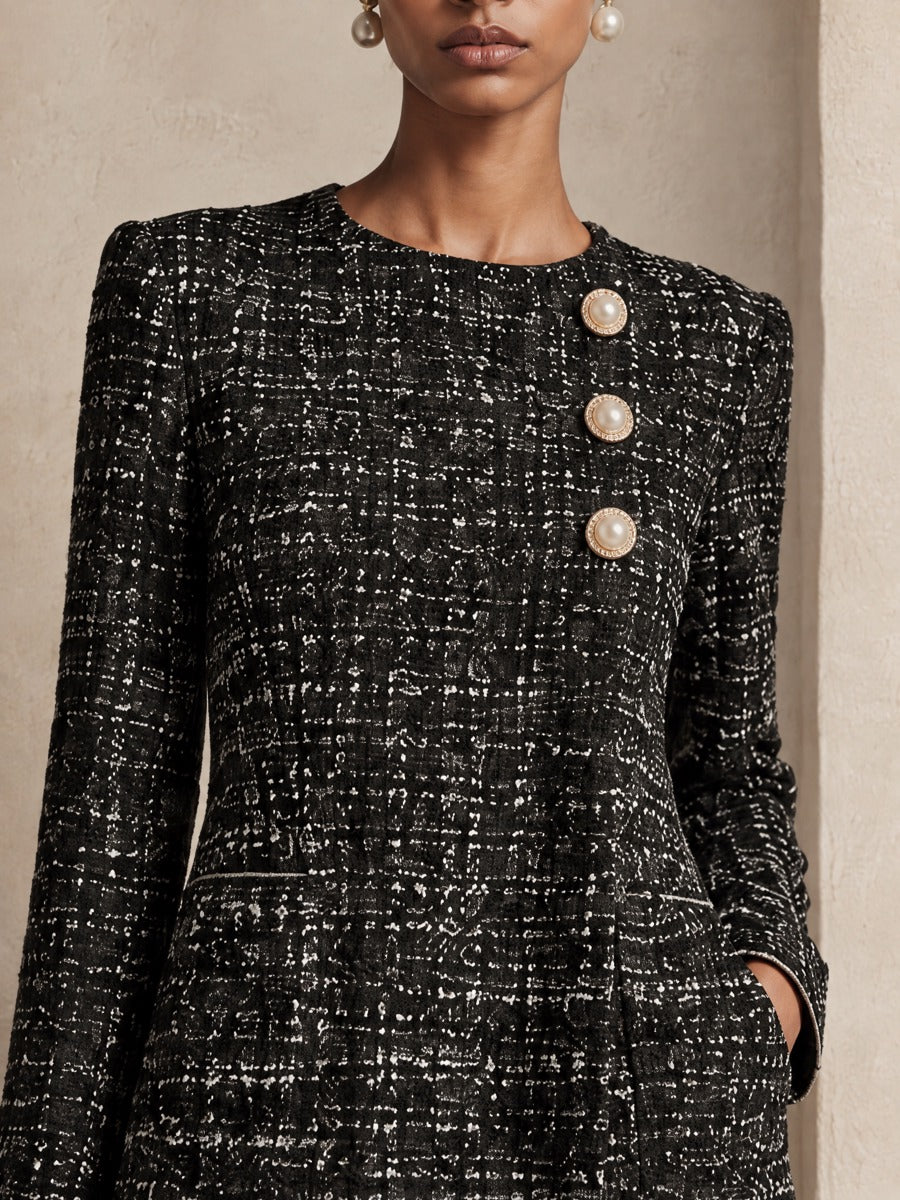 Women's Pearl Button Casual Tweed A-Line Mini Dress