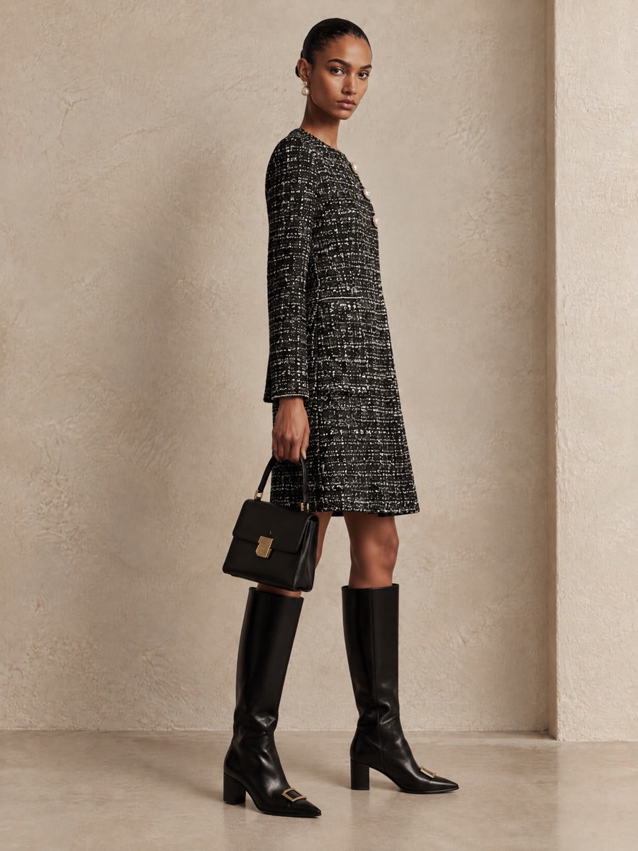 Women's Pearl Button Casual Tweed A-Line Mini Dress