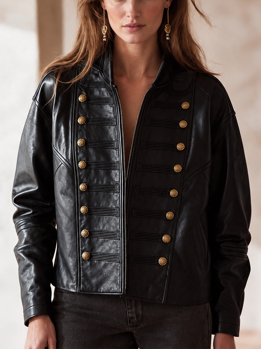 Women’s Stand-Collar Vintage-Style Leather Jacket With Double-Breasted Metallic Buttons