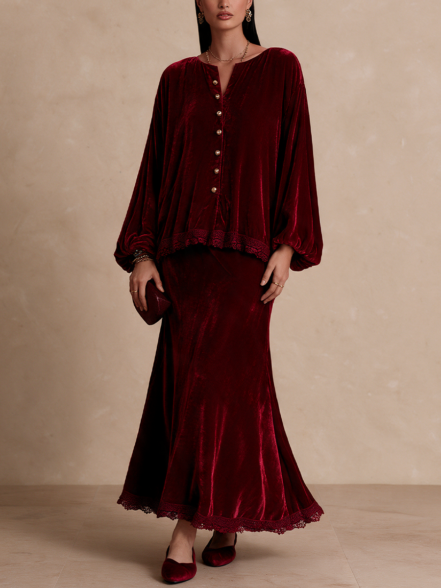 Women's Lace Trim Elegant Balloon Sleeve Top And Maxi Skirt Set