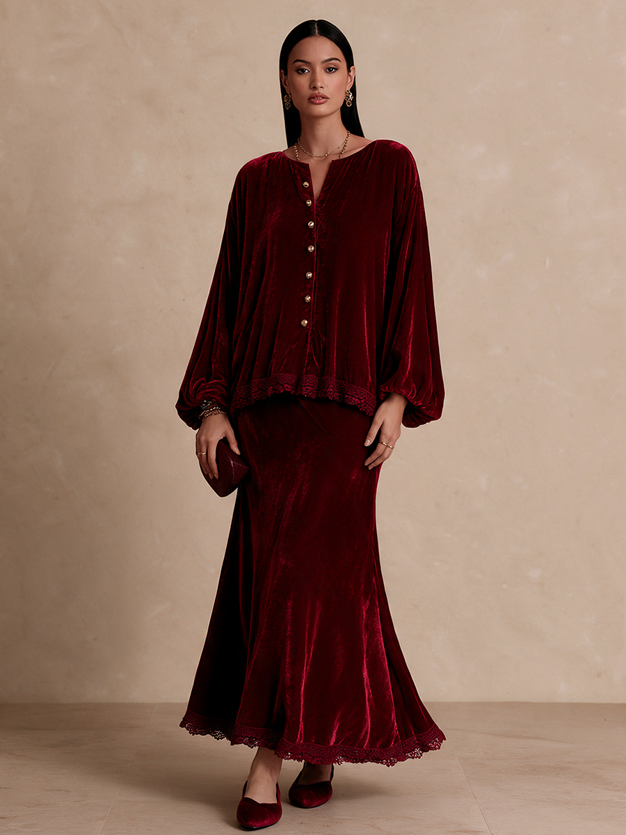 Women's Lace Trim Elegant Balloon Sleeve Top And Maxi Skirt Set