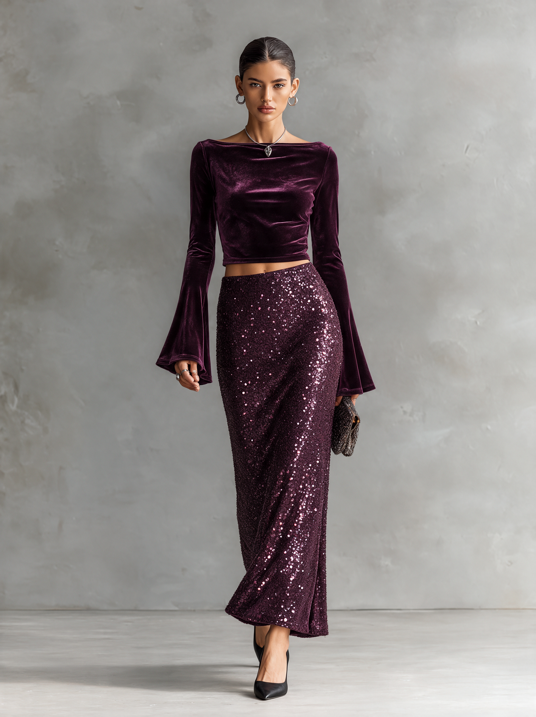 Women's Plum Sequin Maxi Skirt And Velvet Blouse Set