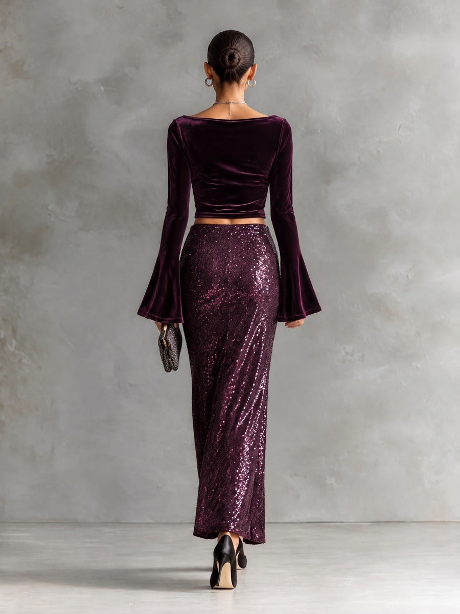 Women's Plum Sequin Maxi Skirt And Velvet Blouse Set