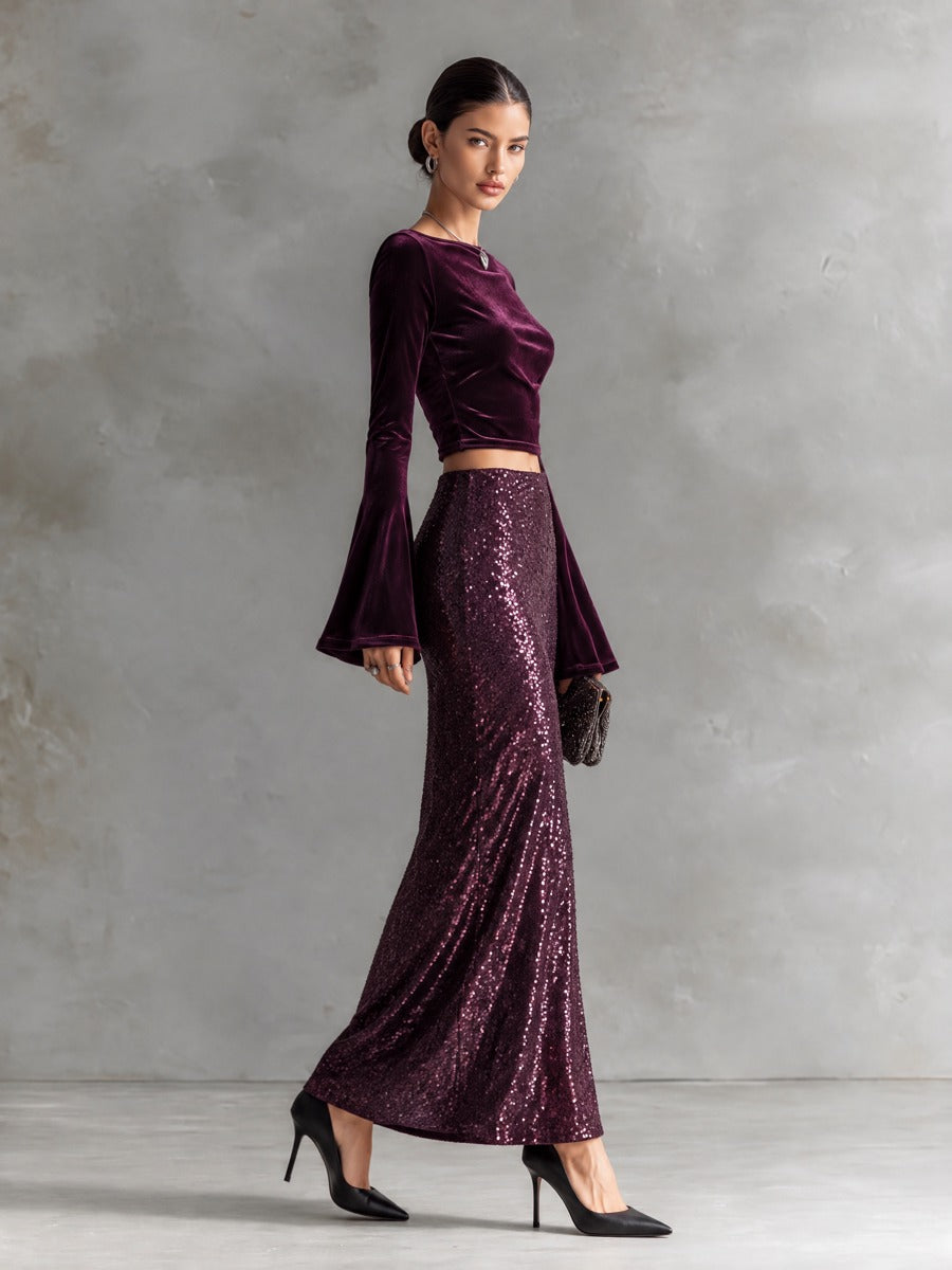 Women's Plum Sequin Maxi Skirt And Velvet Blouse Set
