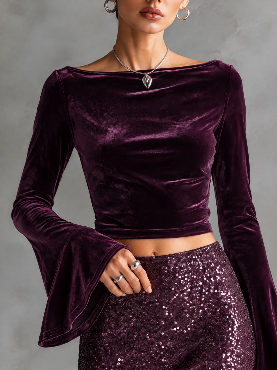 Women's Plum Sequin Maxi Skirt And Velvet Blouse Set