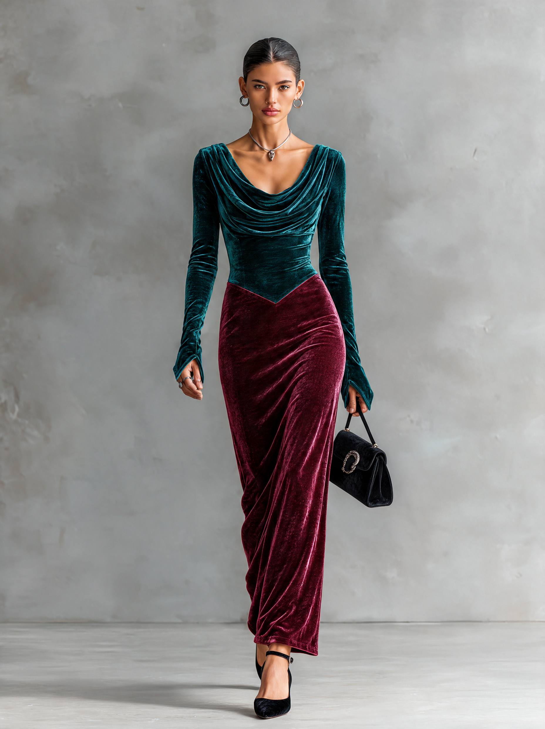 Women’s Elegant Velvet Cowl-Neck Color-Block Maxi Dress