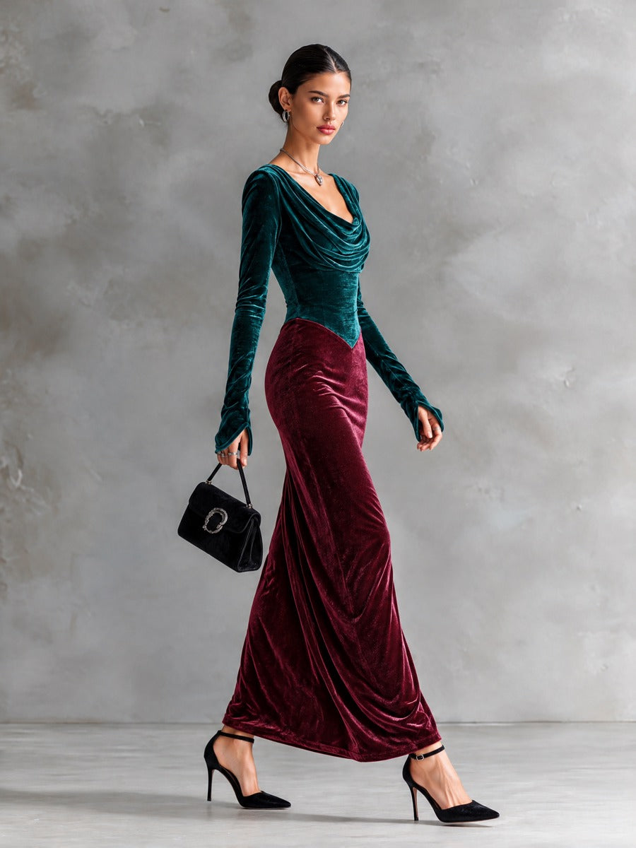 Women’s Elegant Velvet Cowl-Neck Color-Block Maxi Dress