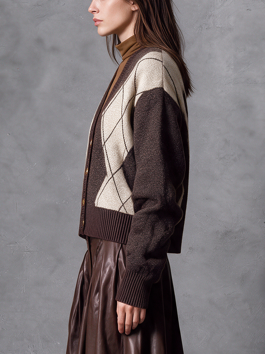 Women's Argyle Color‑Block V‑Neck Button‑Front Knit Cardigan