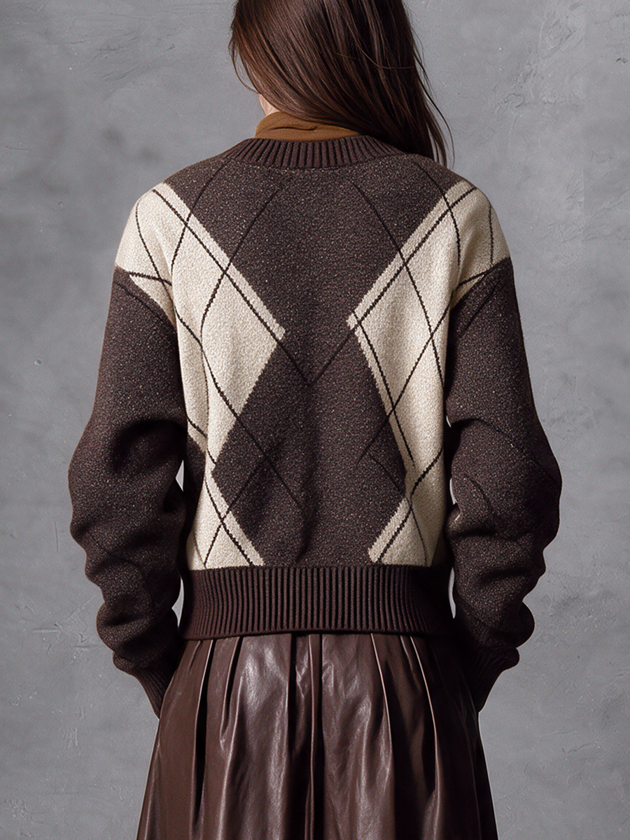 Women's Argyle Color‑Block V‑Neck Button‑Front Knit Cardigan