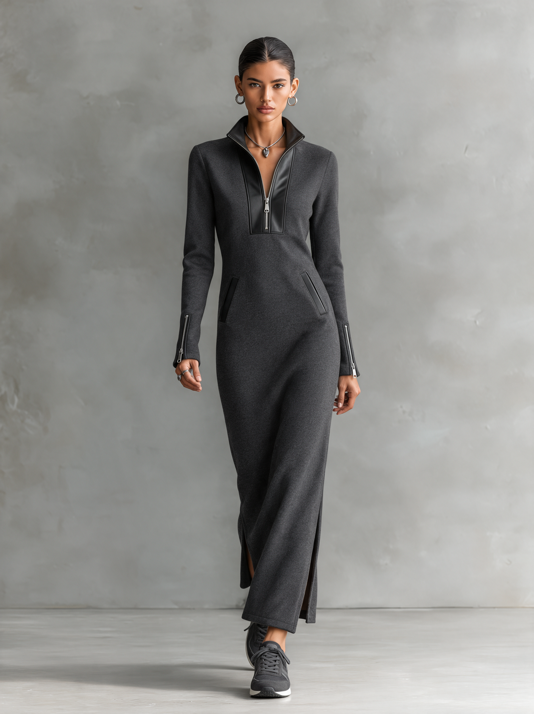 Women's Half-Zip Stand Collar Maxi Dress With Leather Trim