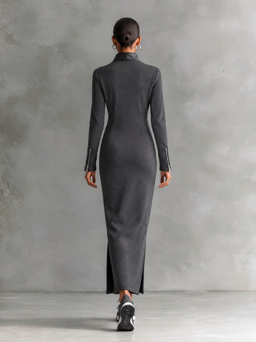 Women's Half-Zip Stand Collar Maxi Dress With Leather Trim