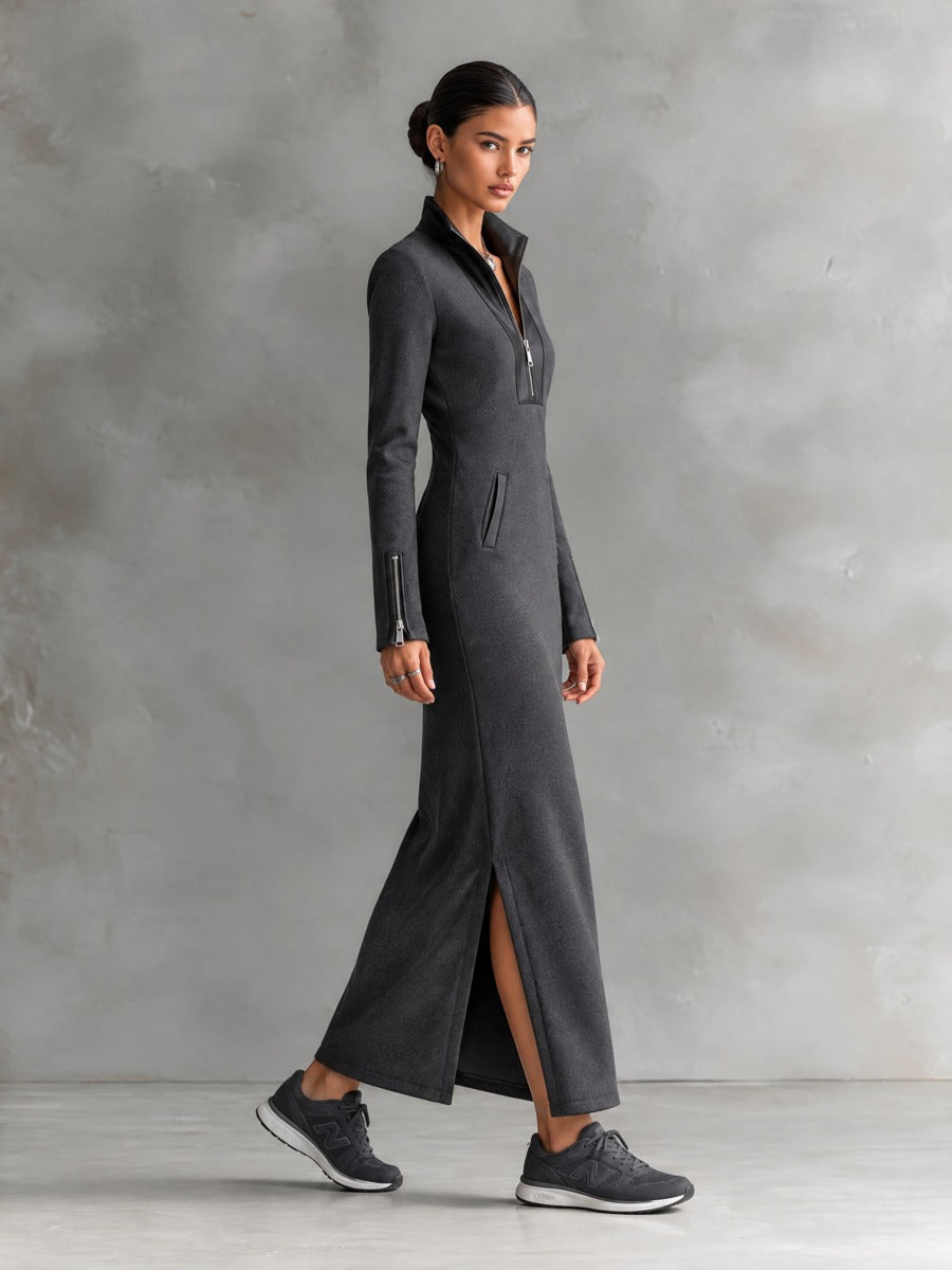 Women's Half-Zip Stand Collar Maxi Dress With Leather Trim