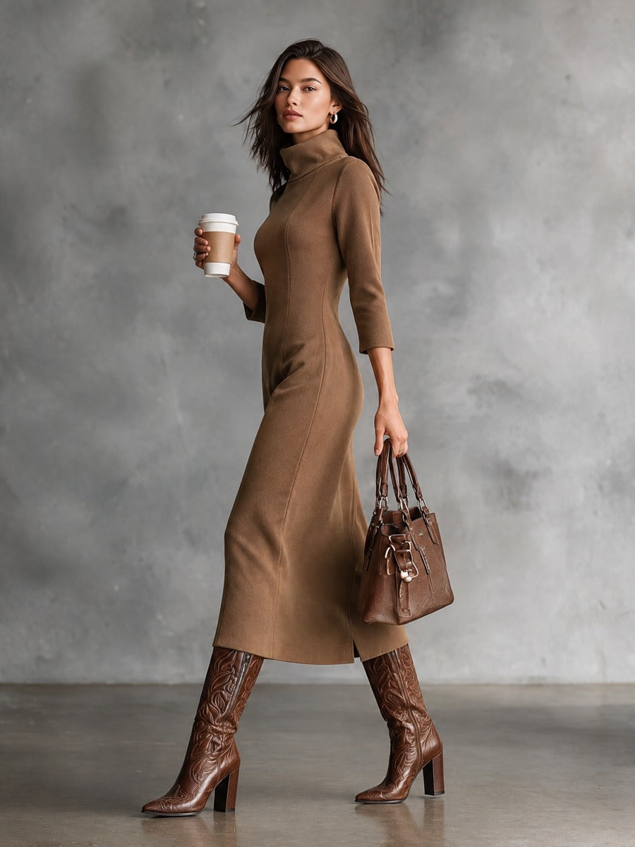 Women’s Elegant Vintage Midi Dress In Wool-Blend With Mock Neck And Three-Quarter Sleeves