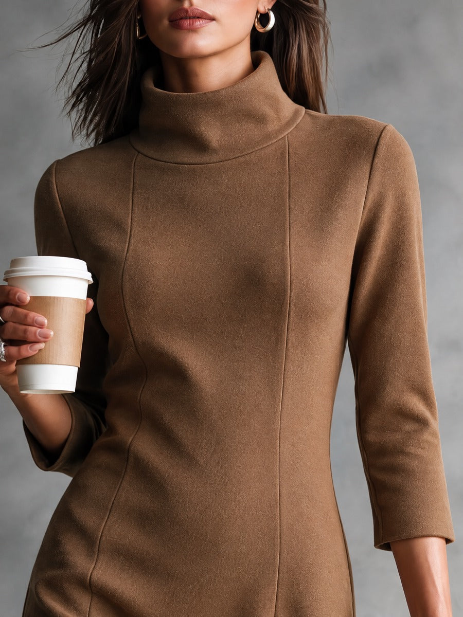 Women’s Elegant Vintage Midi Dress In Wool-Blend With Mock Neck And Three-Quarter Sleeves