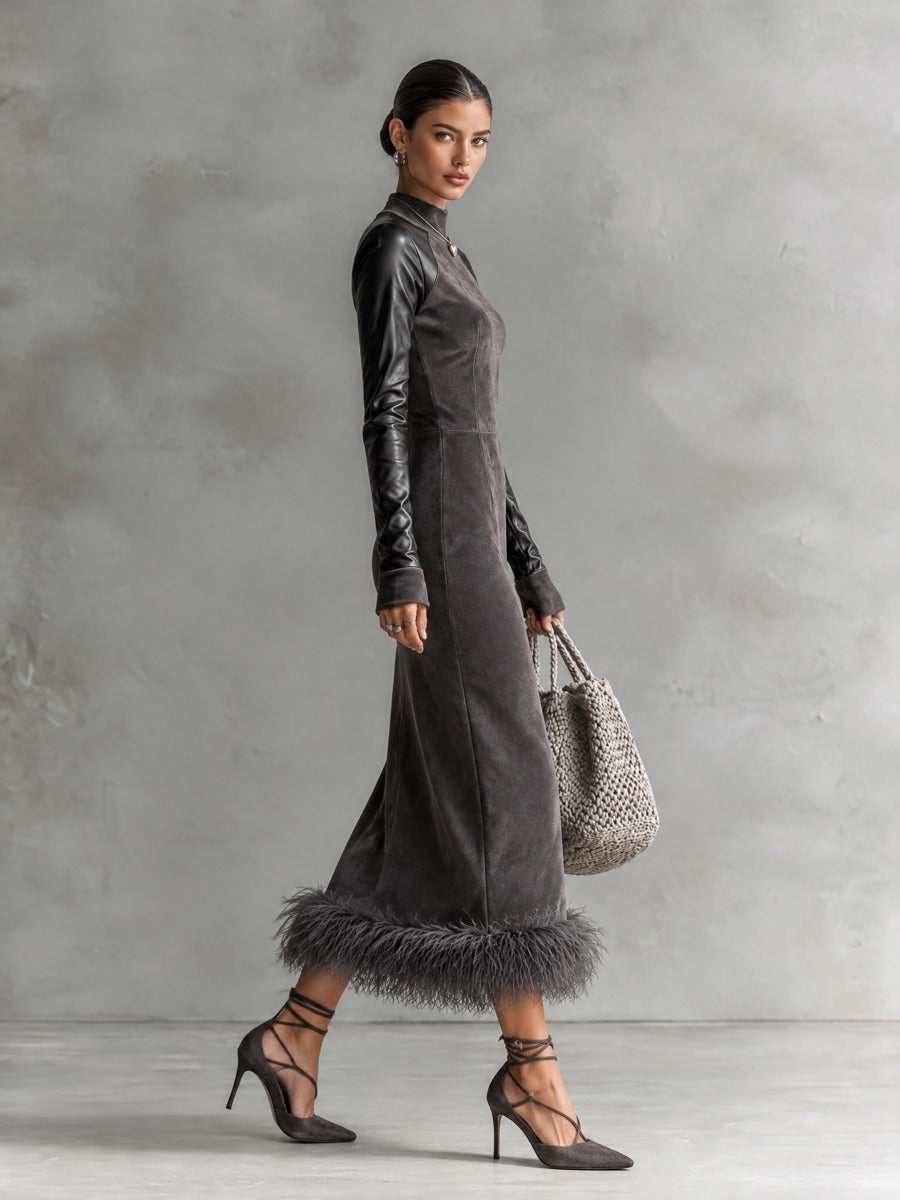 Women’s Vintage-style Suede-panel Maxi Skirt With A Faux-fur Trimmed Hem