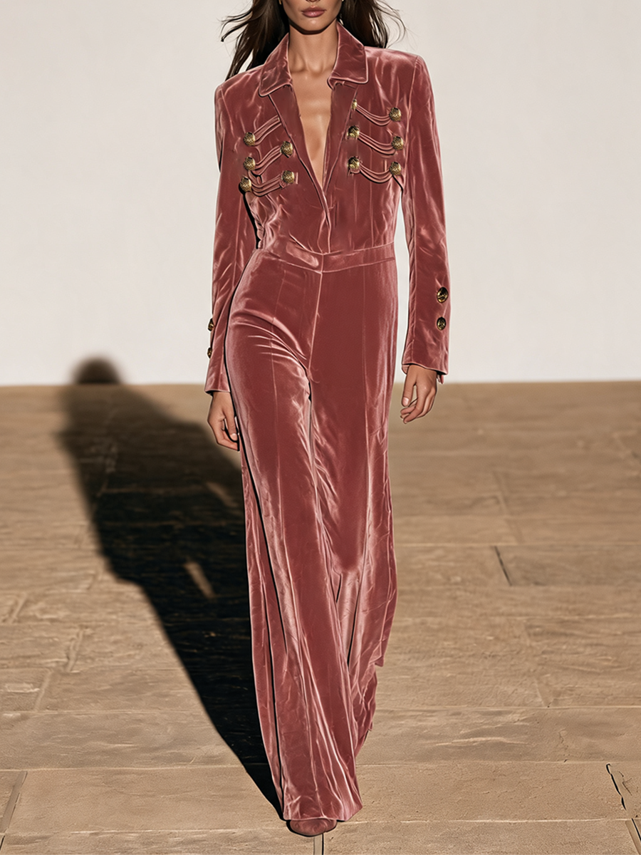 Women's Dusty Rose Velvet Wide-Leg Jumpsuit