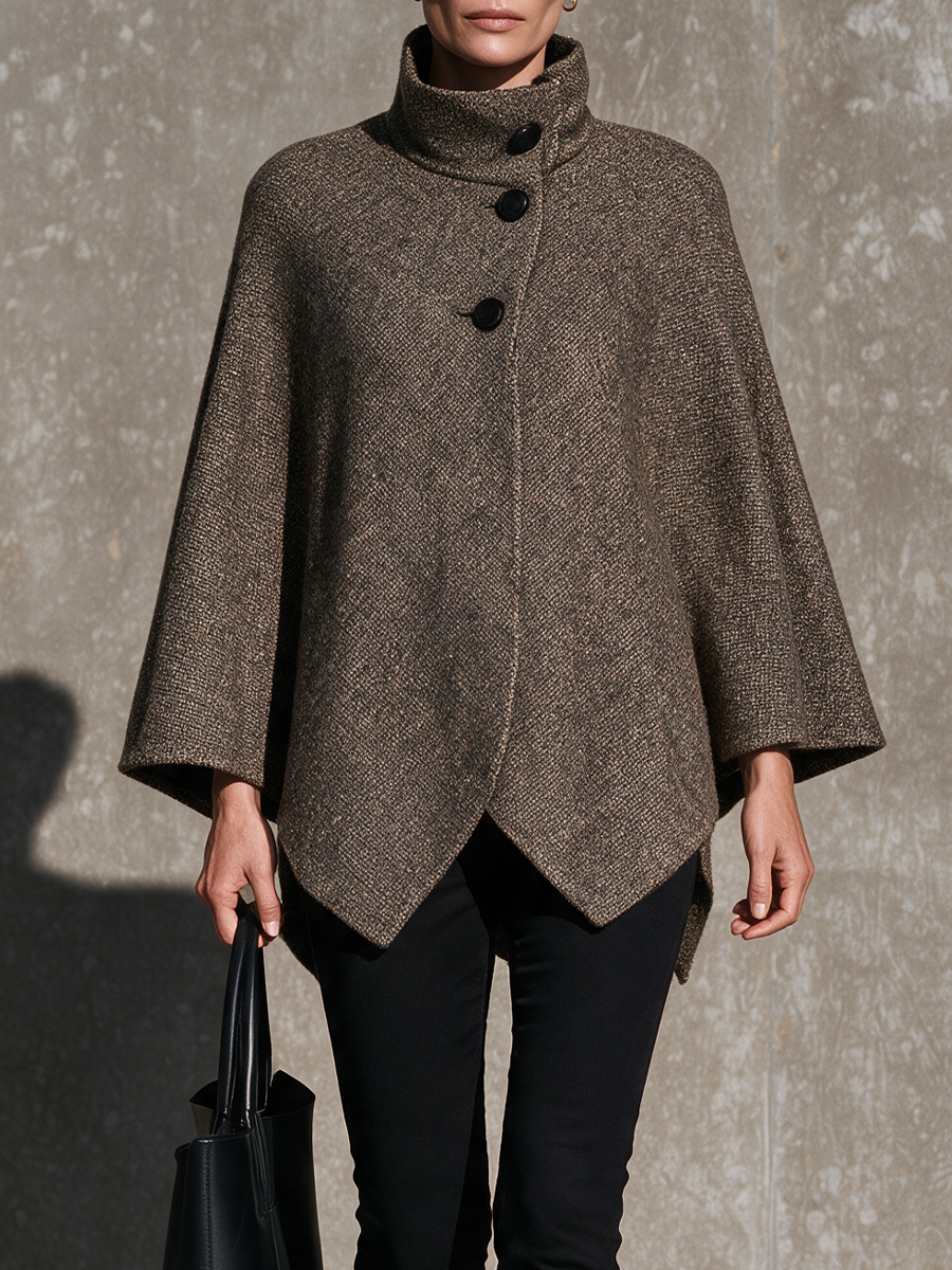 Women's Taupe Brown Funnel Neck Button Front Cape Coat with Pointed Hem