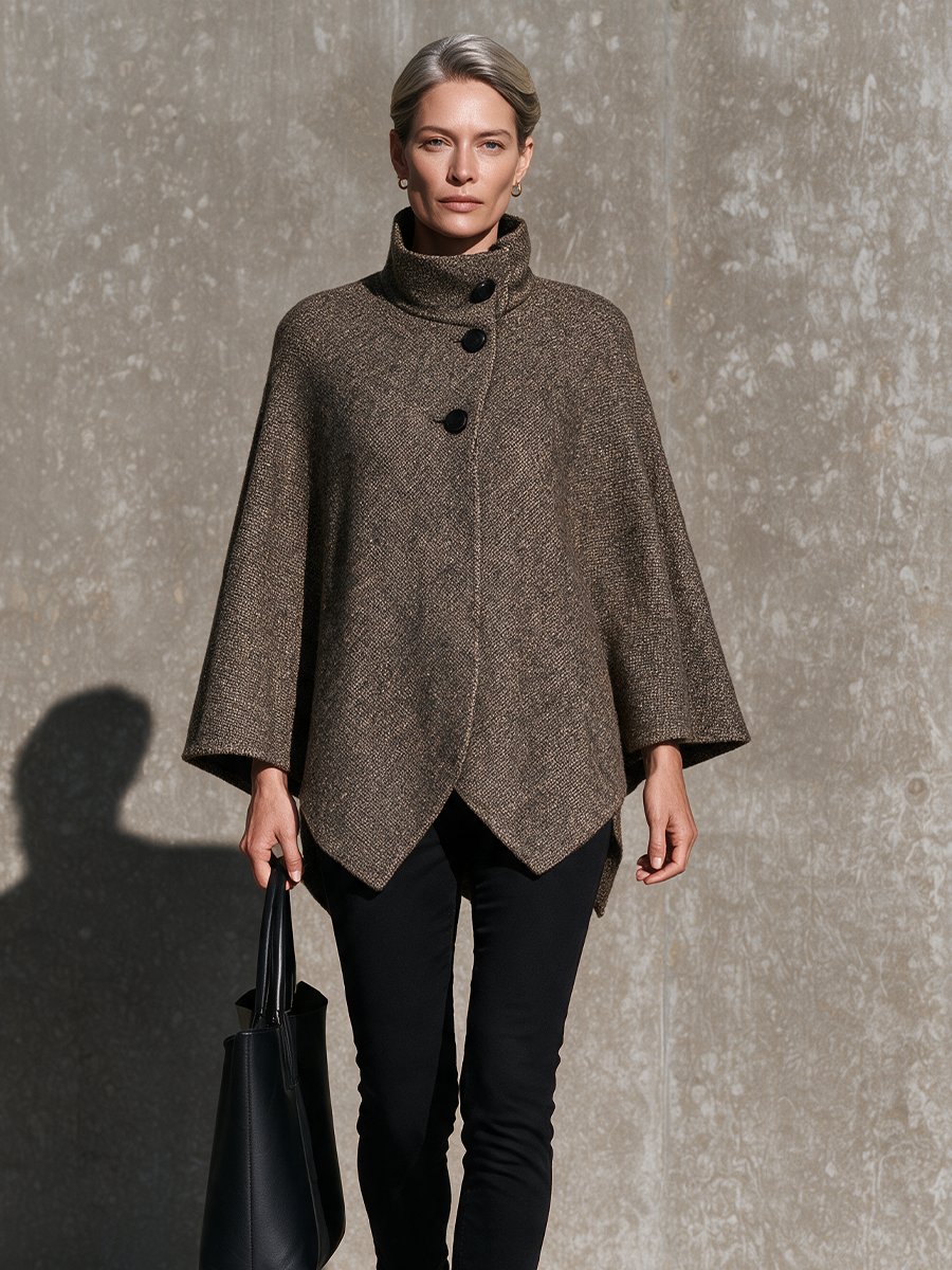 Women's Taupe Brown Funnel Neck Button Front Cape Coat with Pointed Hem