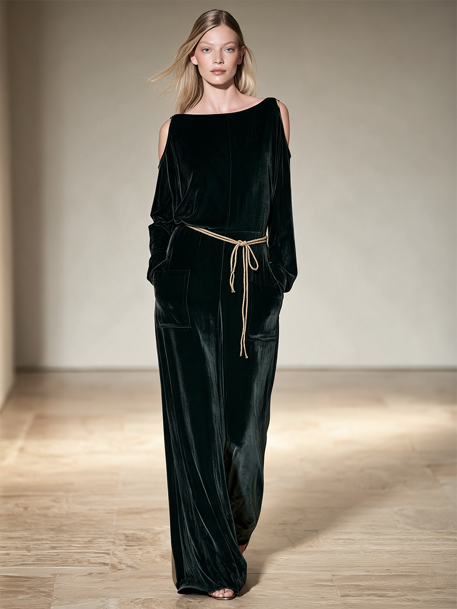 Women's Dark Green Velvet Cold Shoulder Jumpsuit