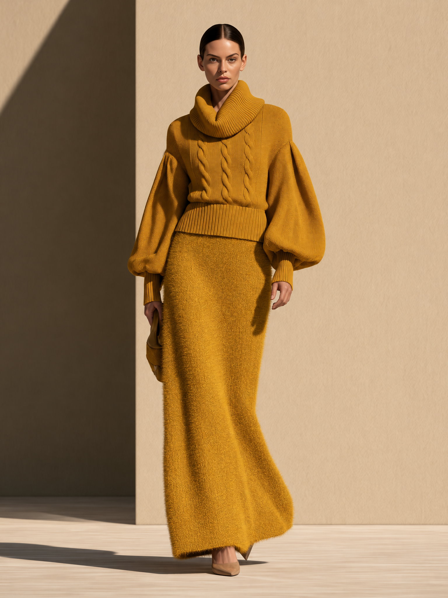 Women's Fluffy Textured Knit Mustard Yellow Maxi Skirt